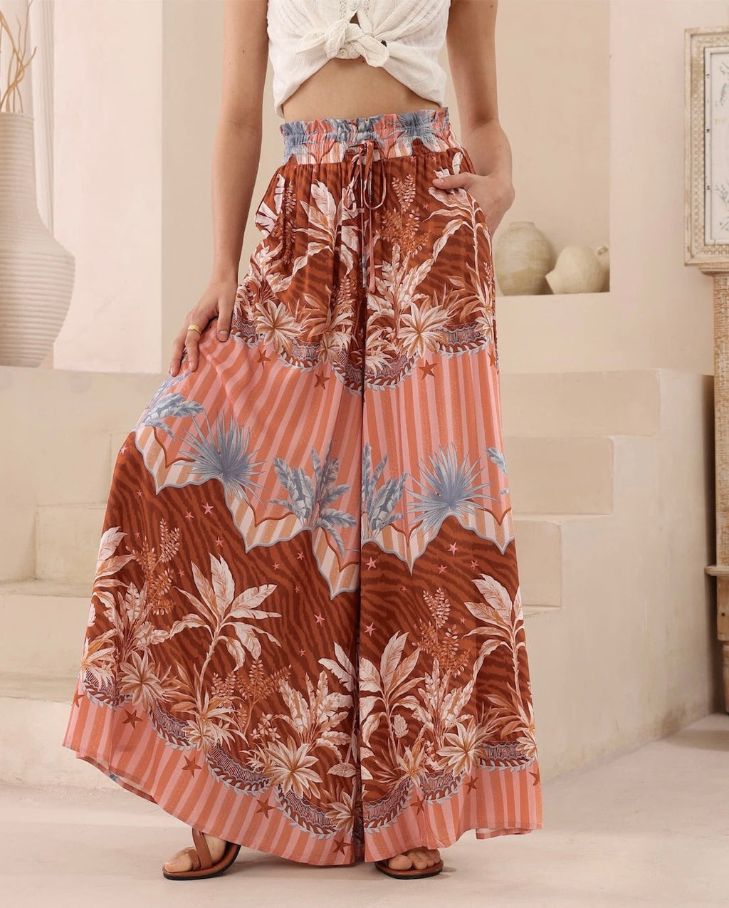 Sunset Tropics Print Co-ord Palazzo Pants - Pink/Brown