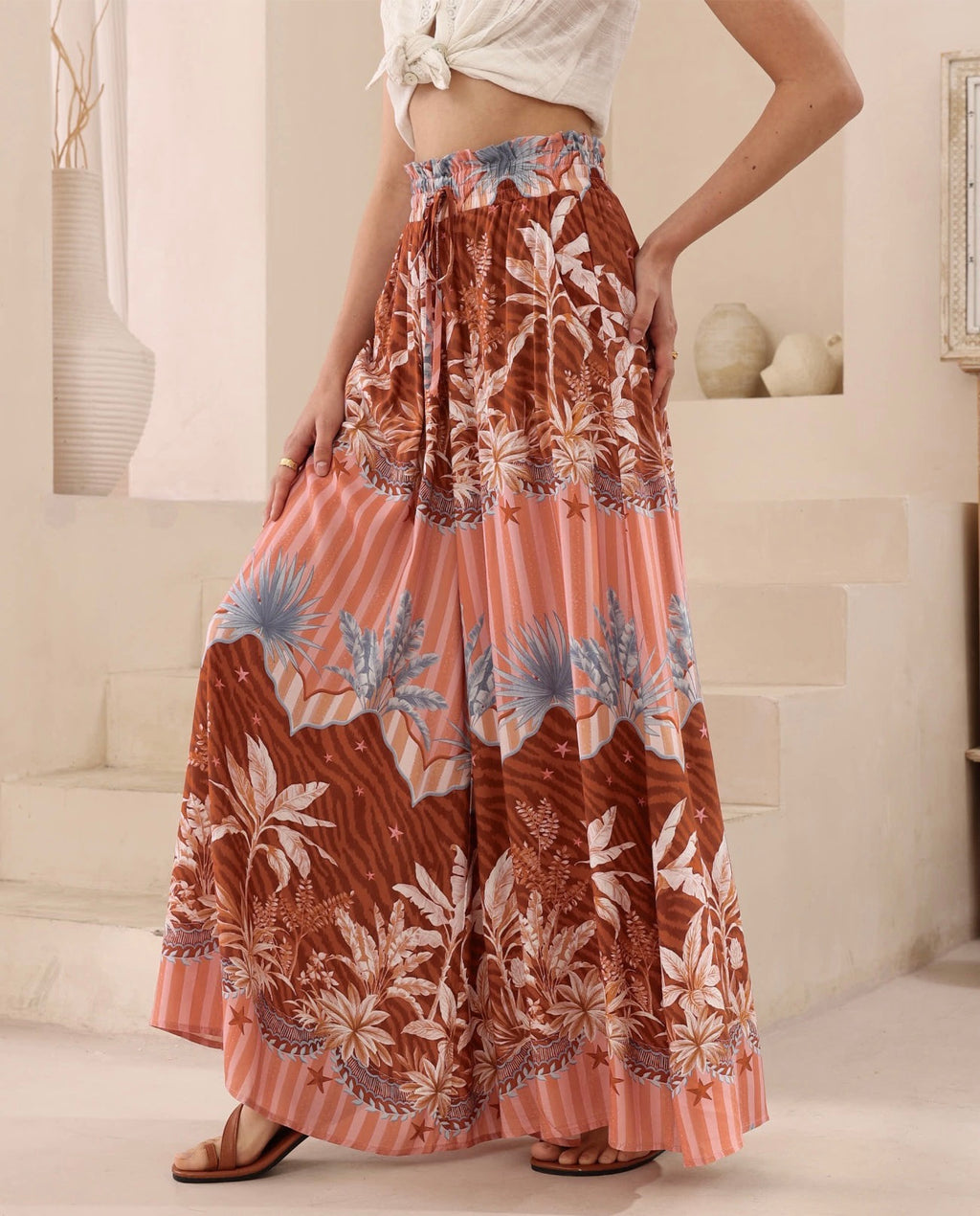 Sunset Tropics Print Co-ord Palazzo Pants - Pink/Brown