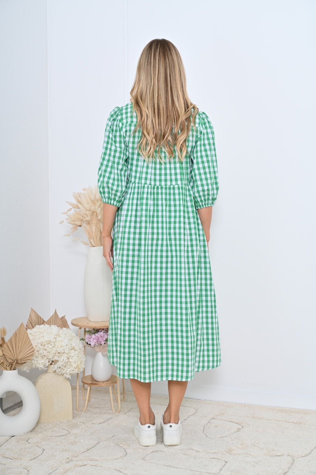 Green Gingham Front Tie Midi Dress with Black Bows