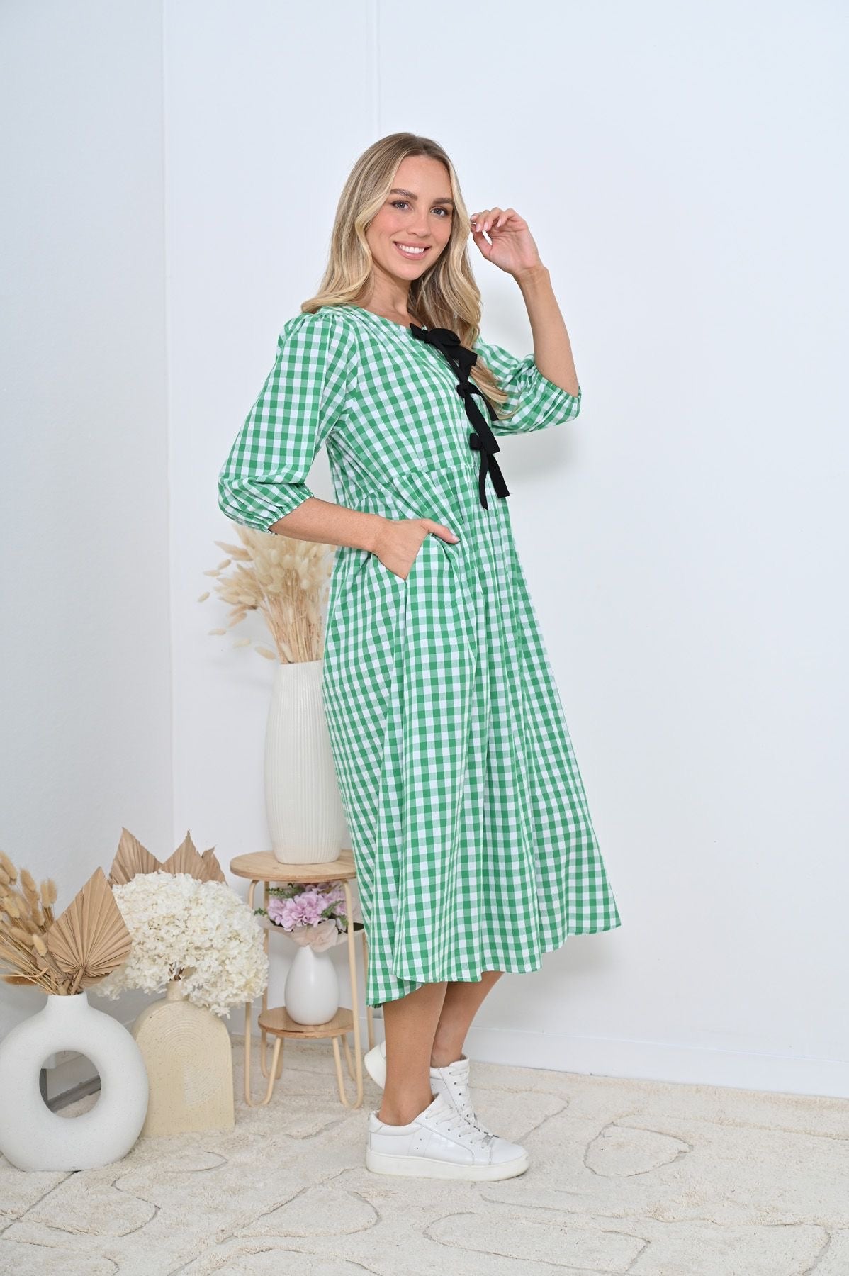 Green Gingham Front Tie Midi Dress with Black Bows