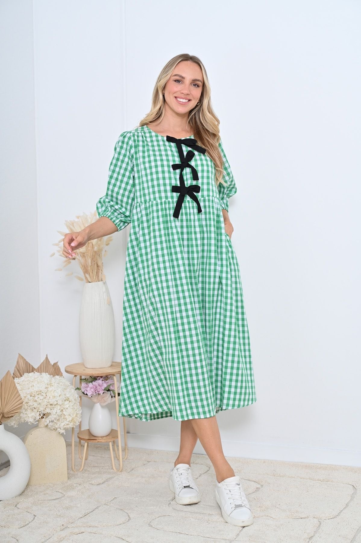Green Gingham Front Tie Midi Dress with Black Bows