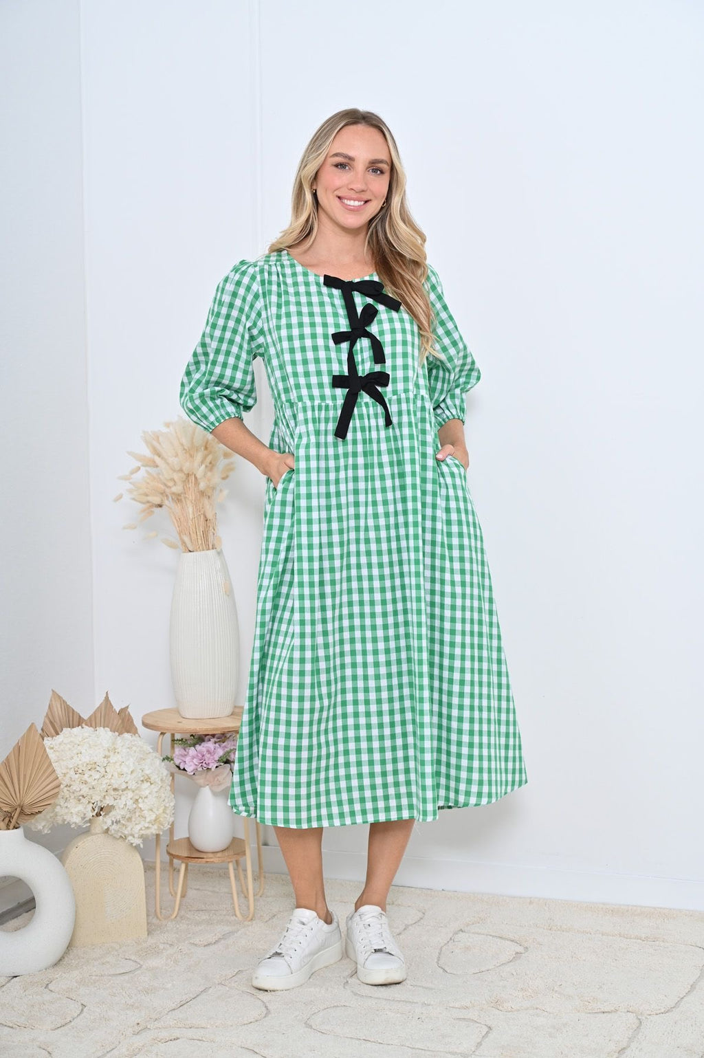 Green Gingham Front Tie Midi Dress with Black Bows