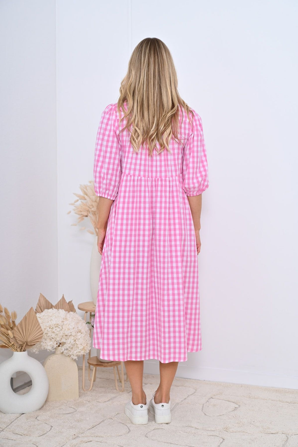 Pink Gingham Front Tie Midi Dress with Black Bows