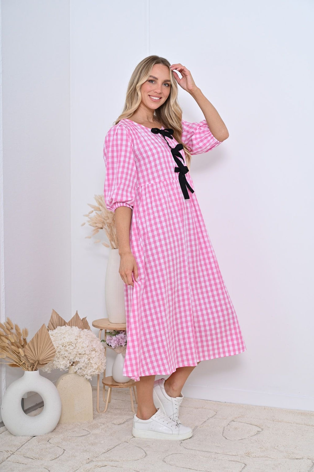 Pink Gingham Front Tie Midi Dress with Black Bows