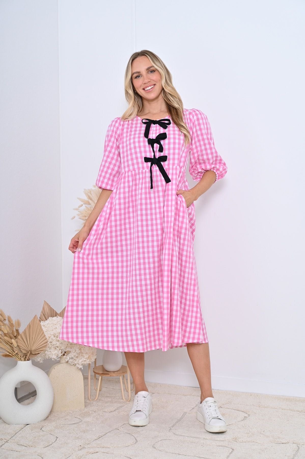 Pink Gingham Front Tie Midi Dress with Black Bows