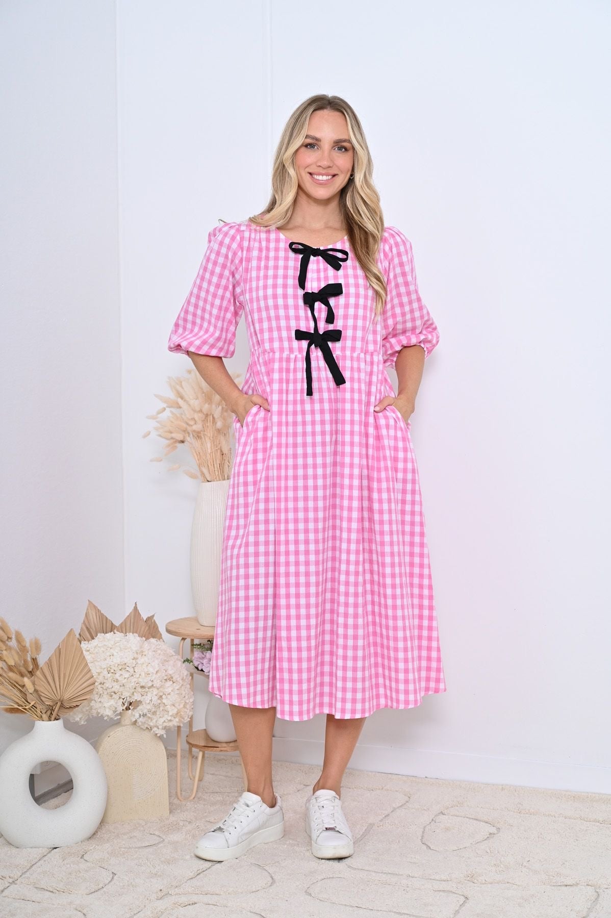 Pink Gingham Front Tie Midi Dress with Black Bows