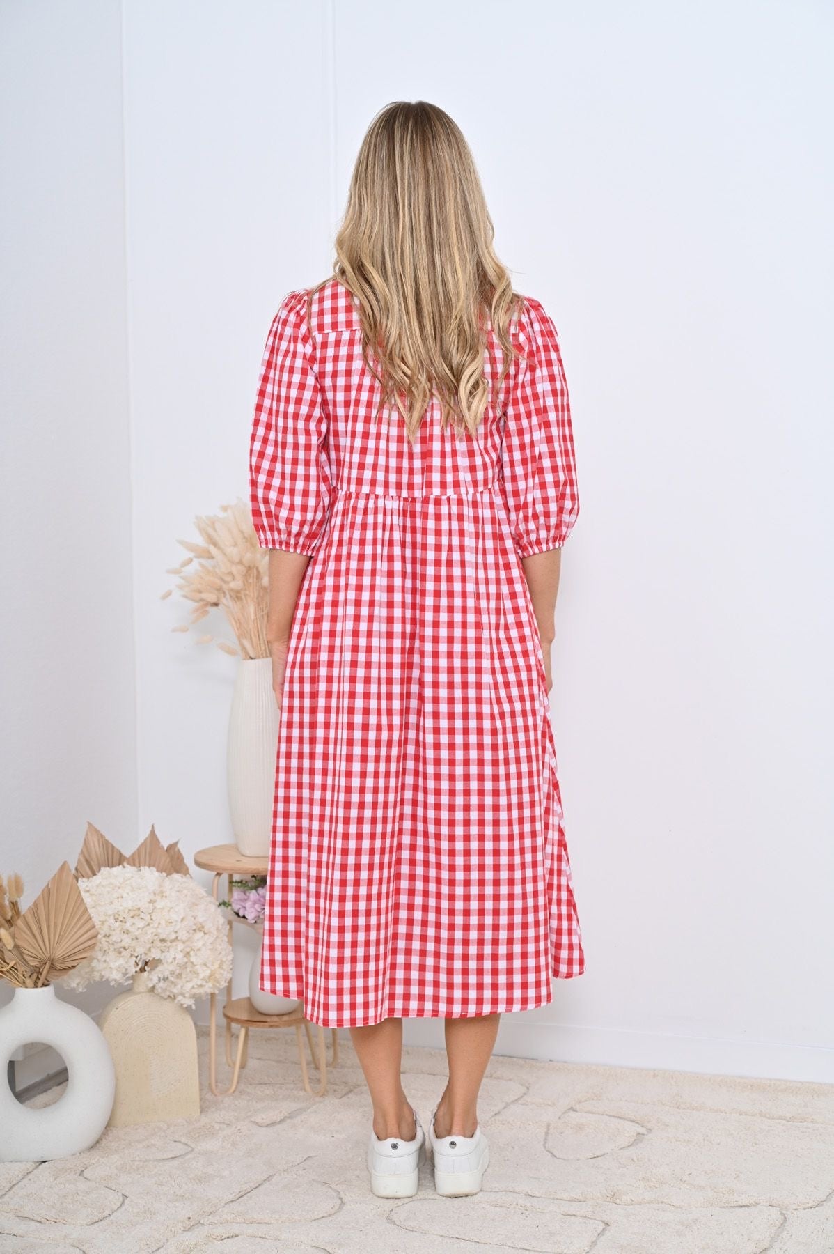 Red Gingham Front Tie Midi Dress with Black Bows