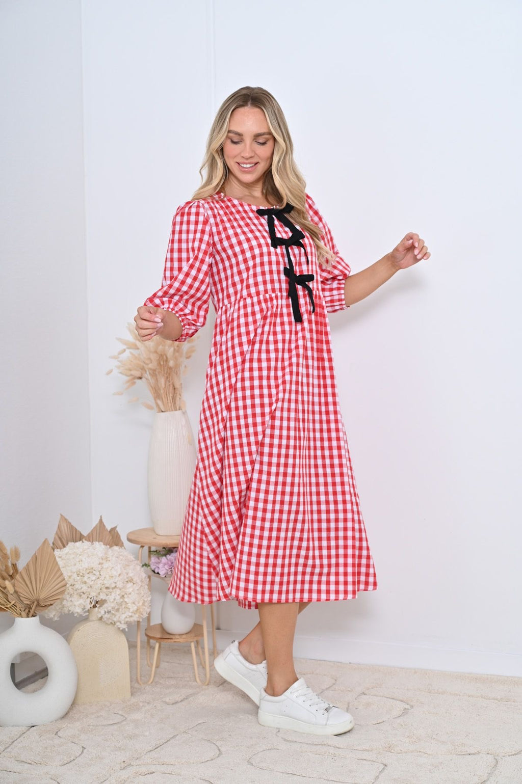 Red Gingham Front Tie Midi Dress with Black Bows