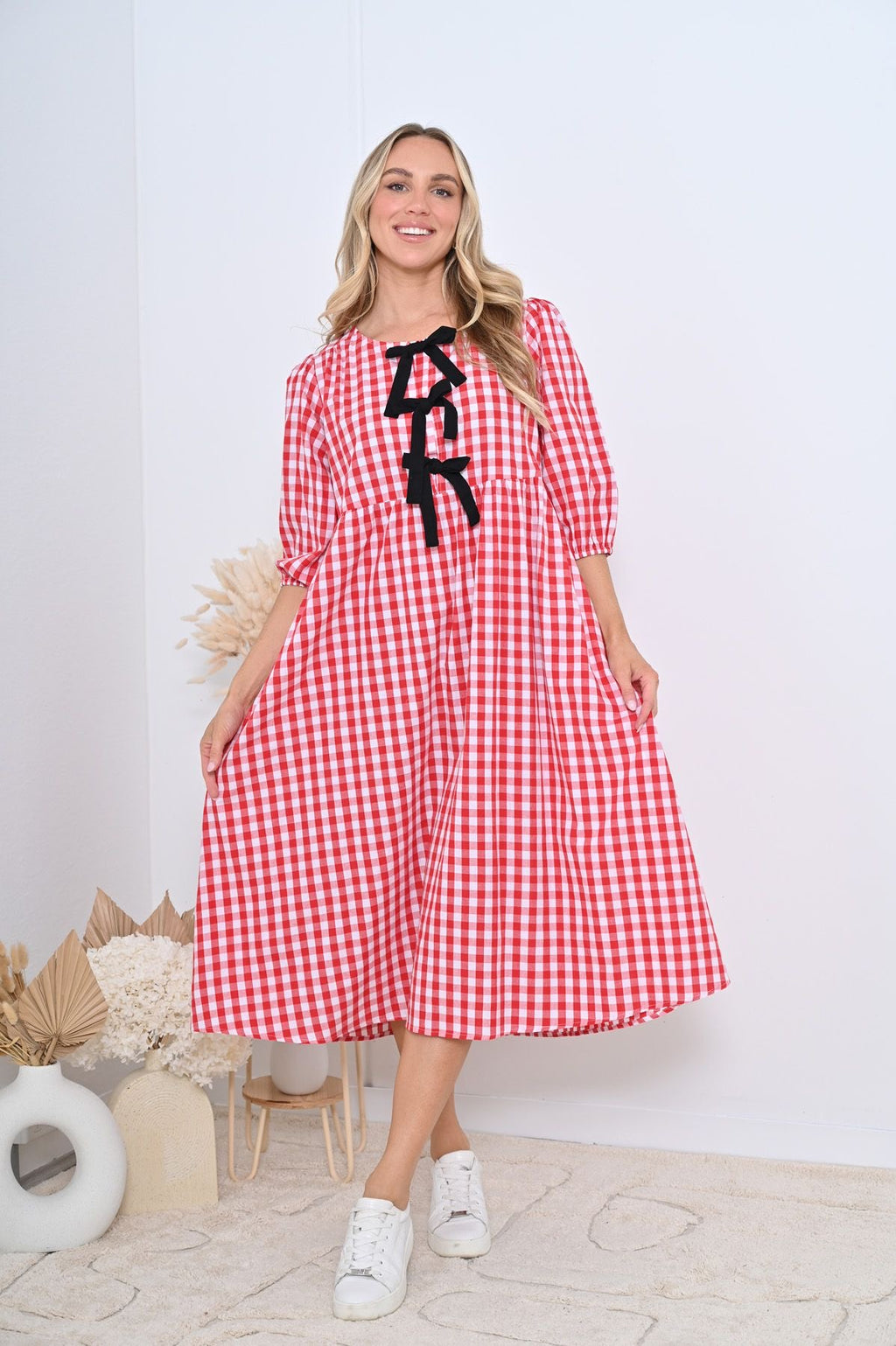 Red Gingham Front Tie Midi Dress with Black Bows