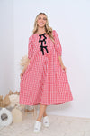 Red Gingham Front Tie Midi Dress