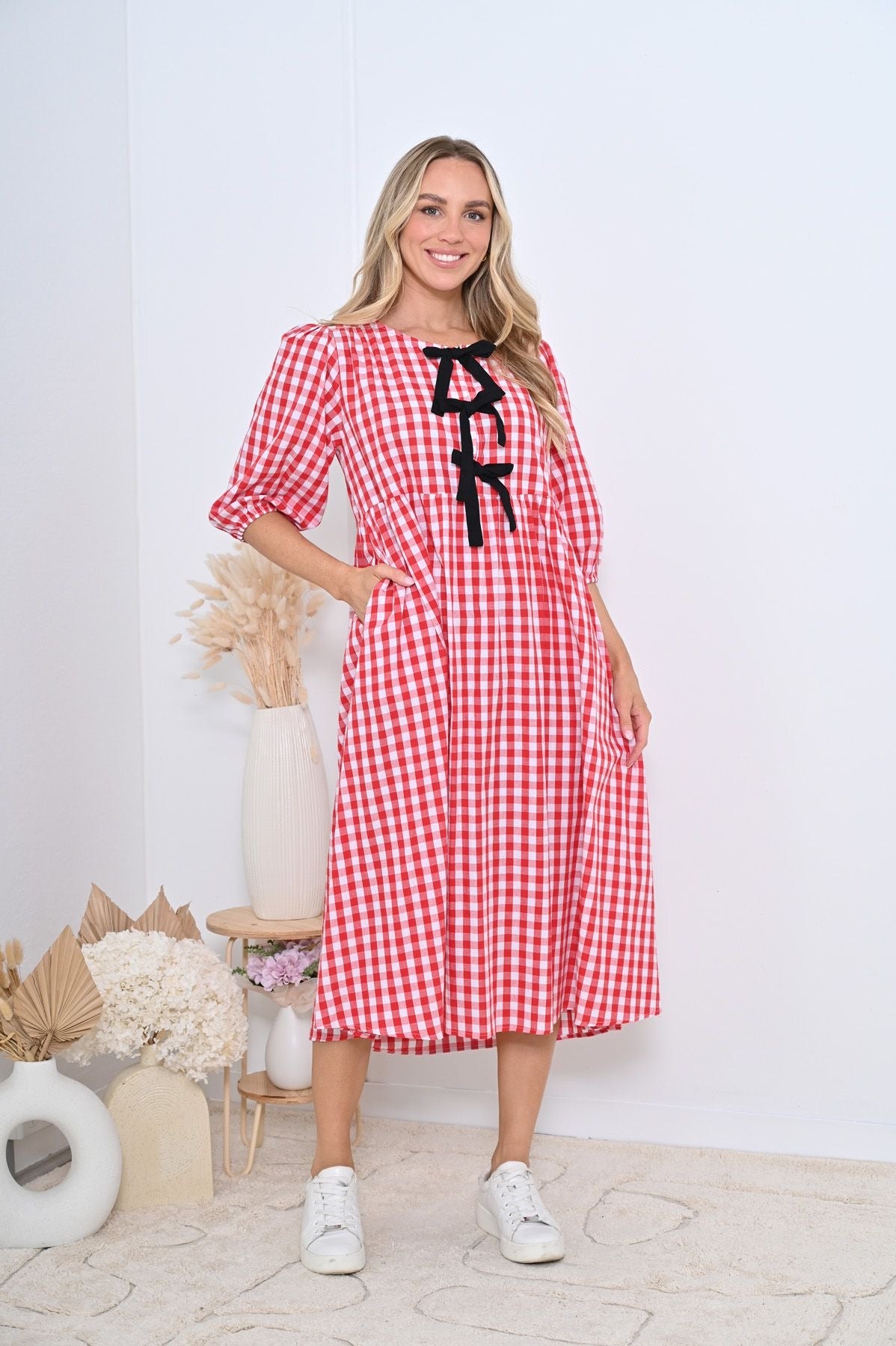 Red Gingham Front Tie Midi Dress with Black Bows