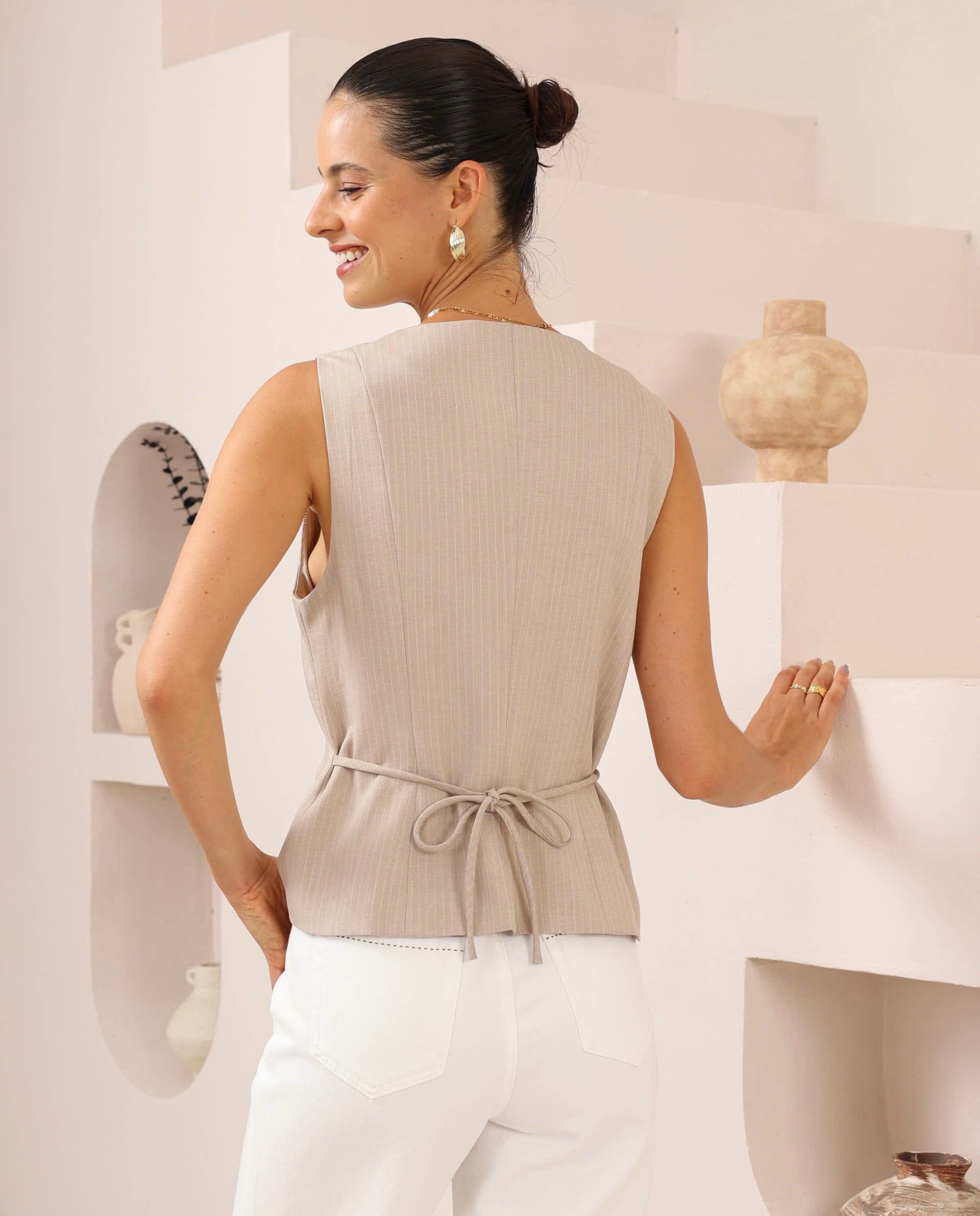 Madrid Pinstripe Tailored Button Up Vest with Back Tie - Beige/White