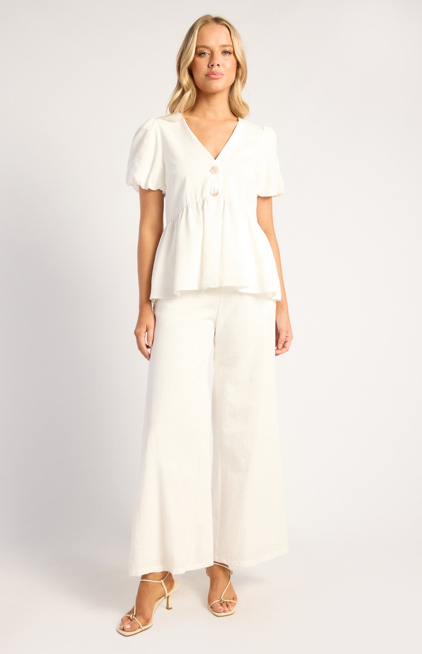 Bianca Blouse & Straight Pant Set with Mother of Pearl Buttons - White
