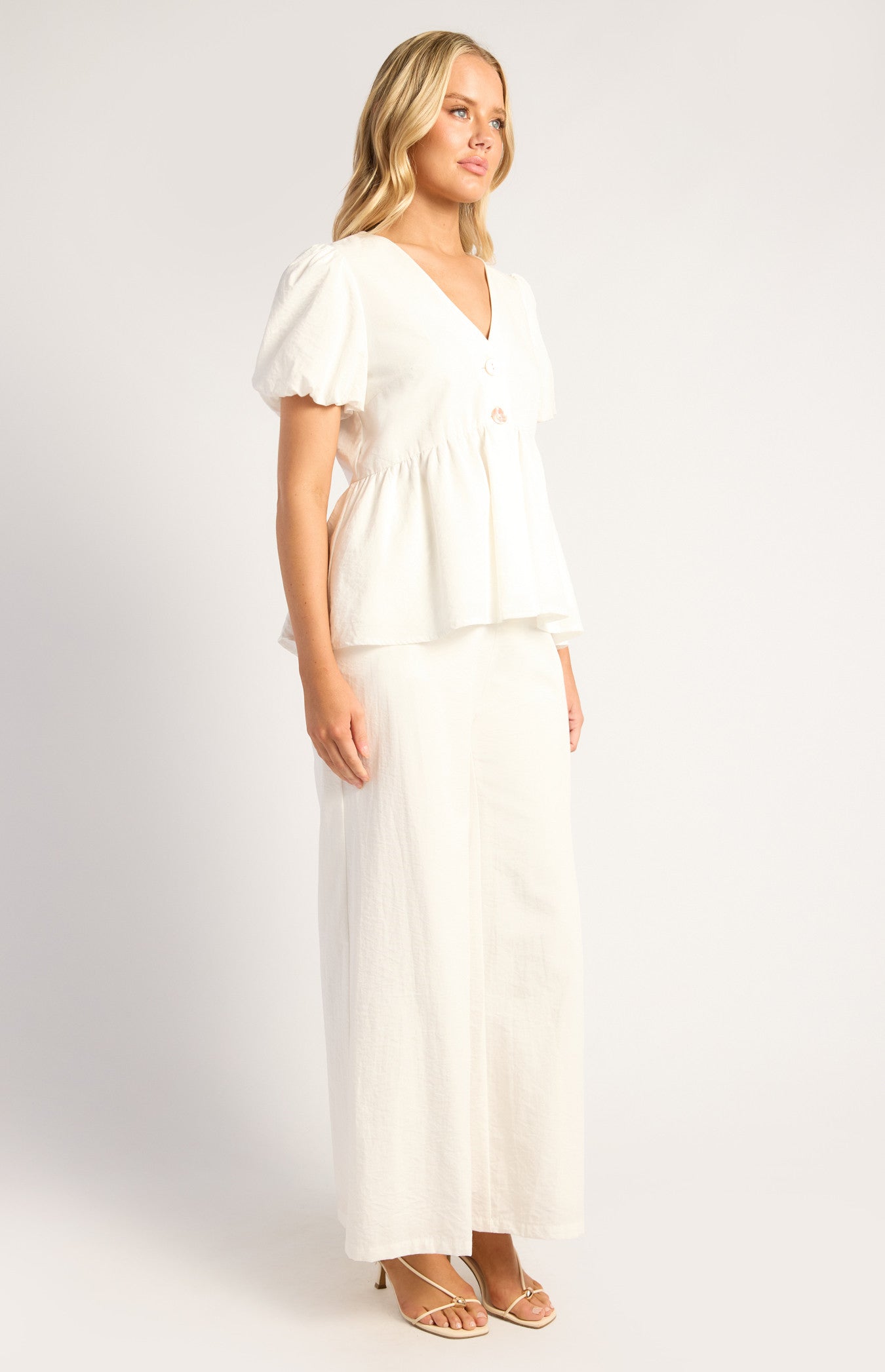 Bianca Blouse & Straight Pant Set with Mother of Pearl Buttons - White