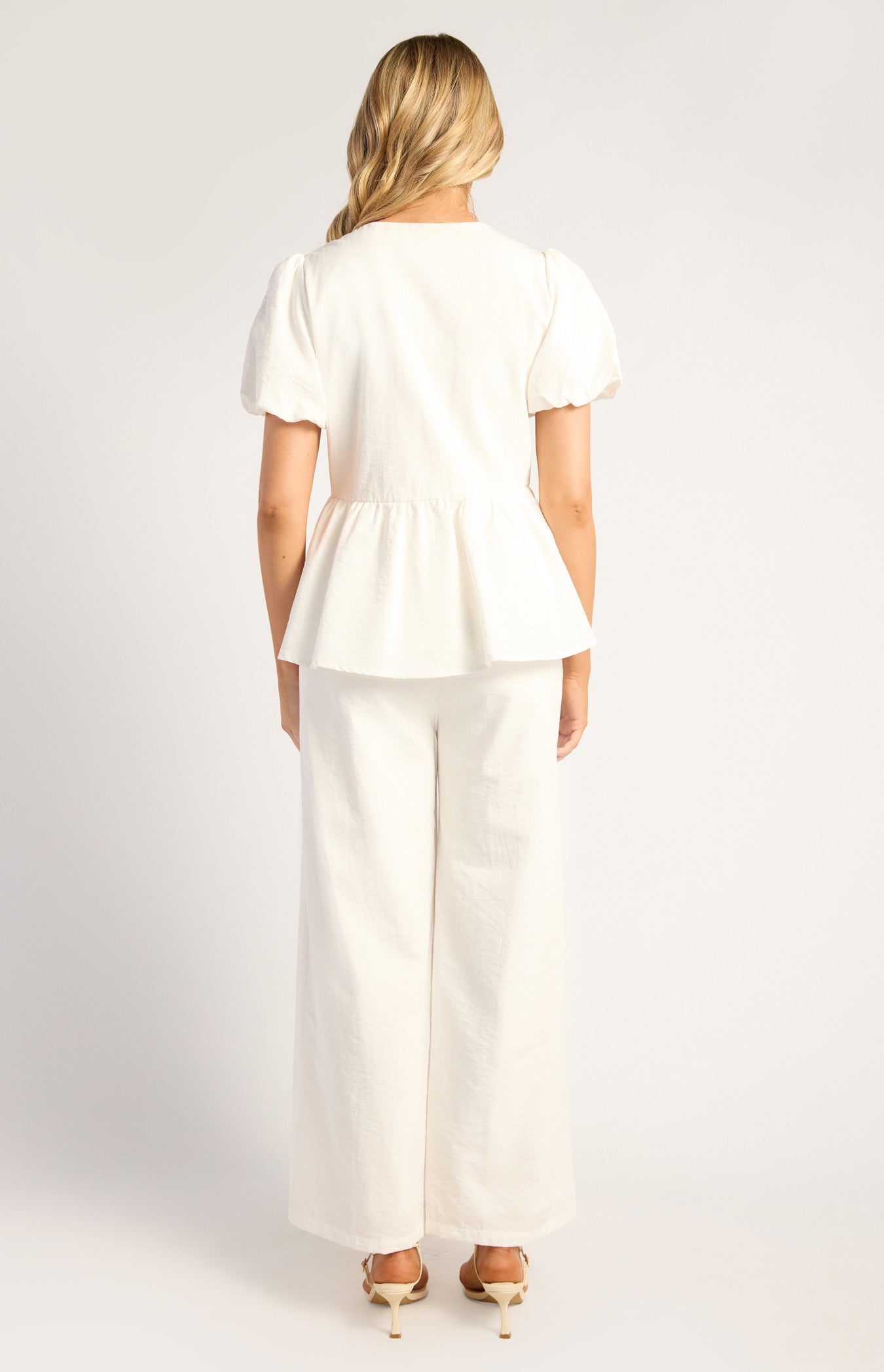Bianca Blouse & Straight Pant Set with Mother of Pearl Buttons - White