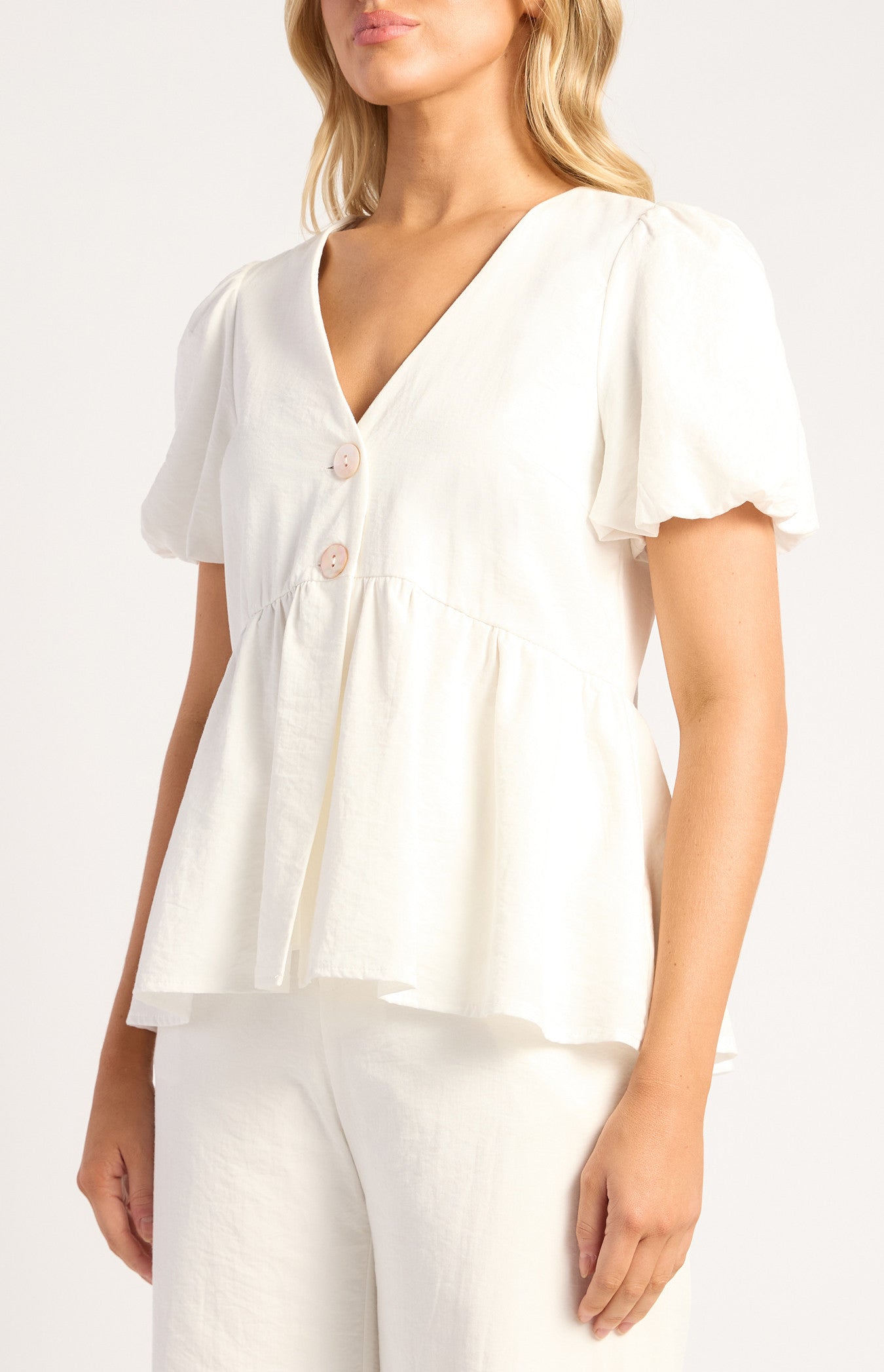 Bianca Blouse & Straight Pant Set with Mother of Pearl Buttons - White