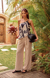 Tie Front Textured Pants Beige