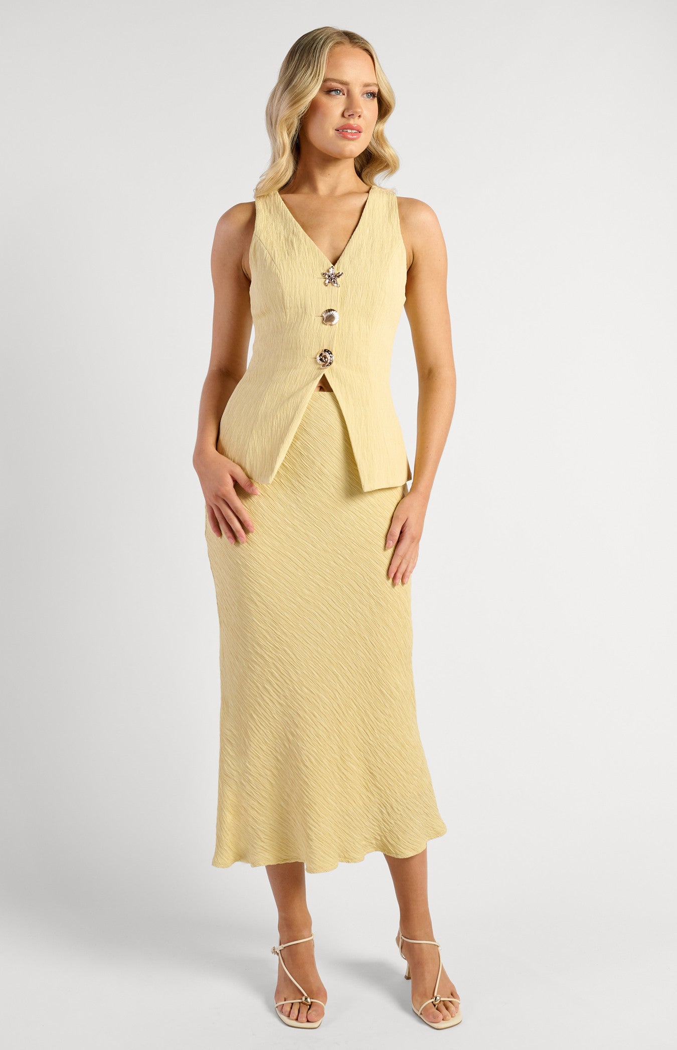 Marit Textured Vest & Skirt Set with Shell Buttons - Yellow