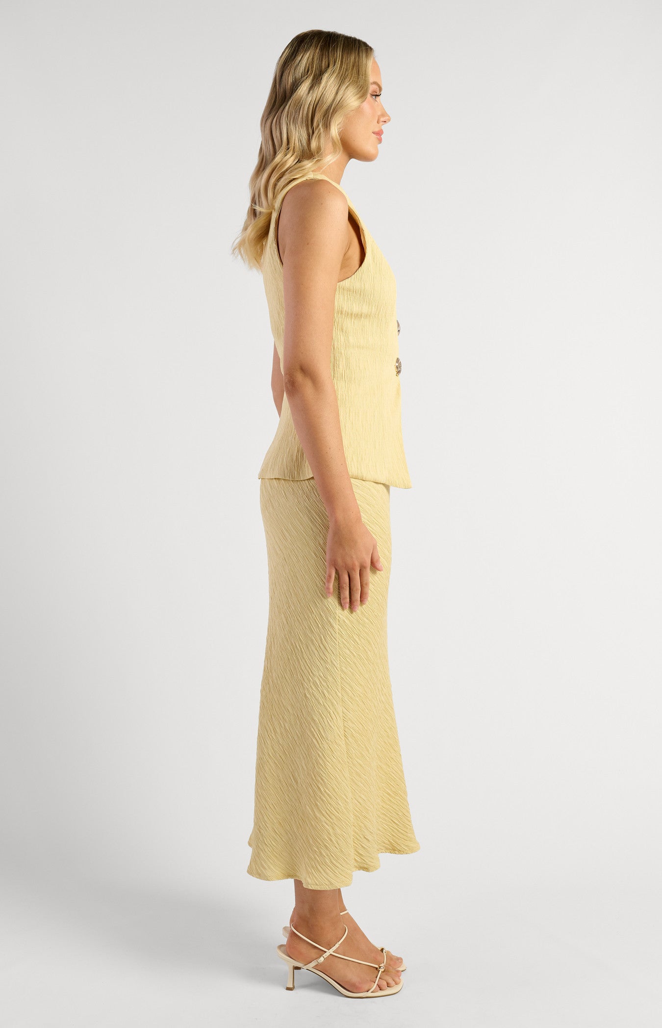 Marit Textured Vest & Skirt Set with Shell Buttons - Yellow