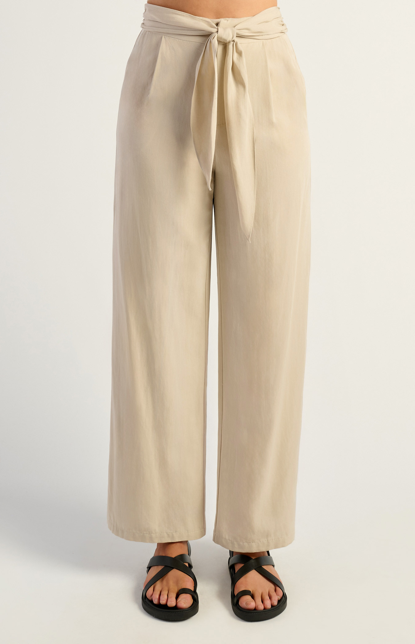 Tie Front Textured Pants Beige