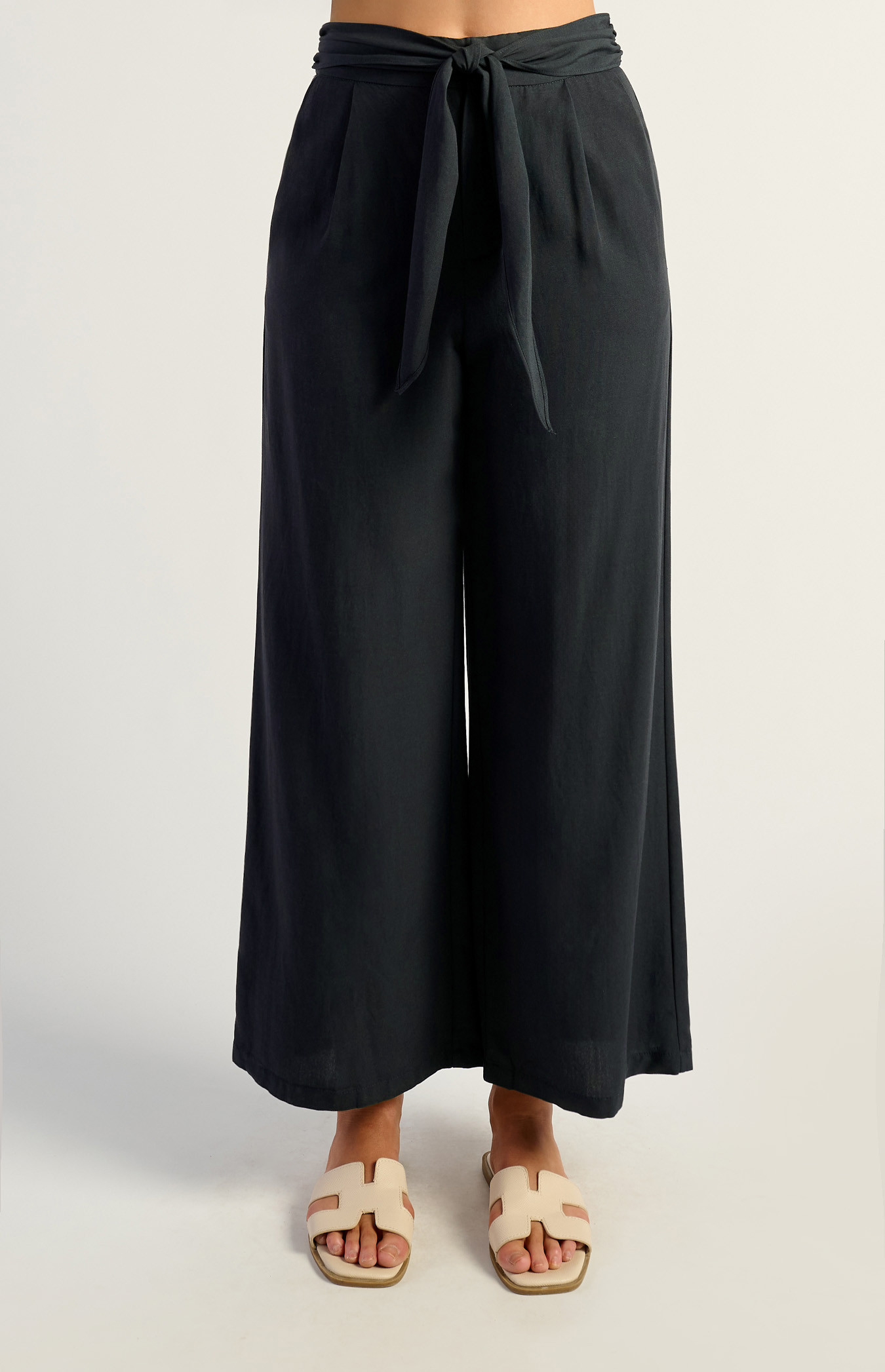 Tie Front Textured Pants Navy