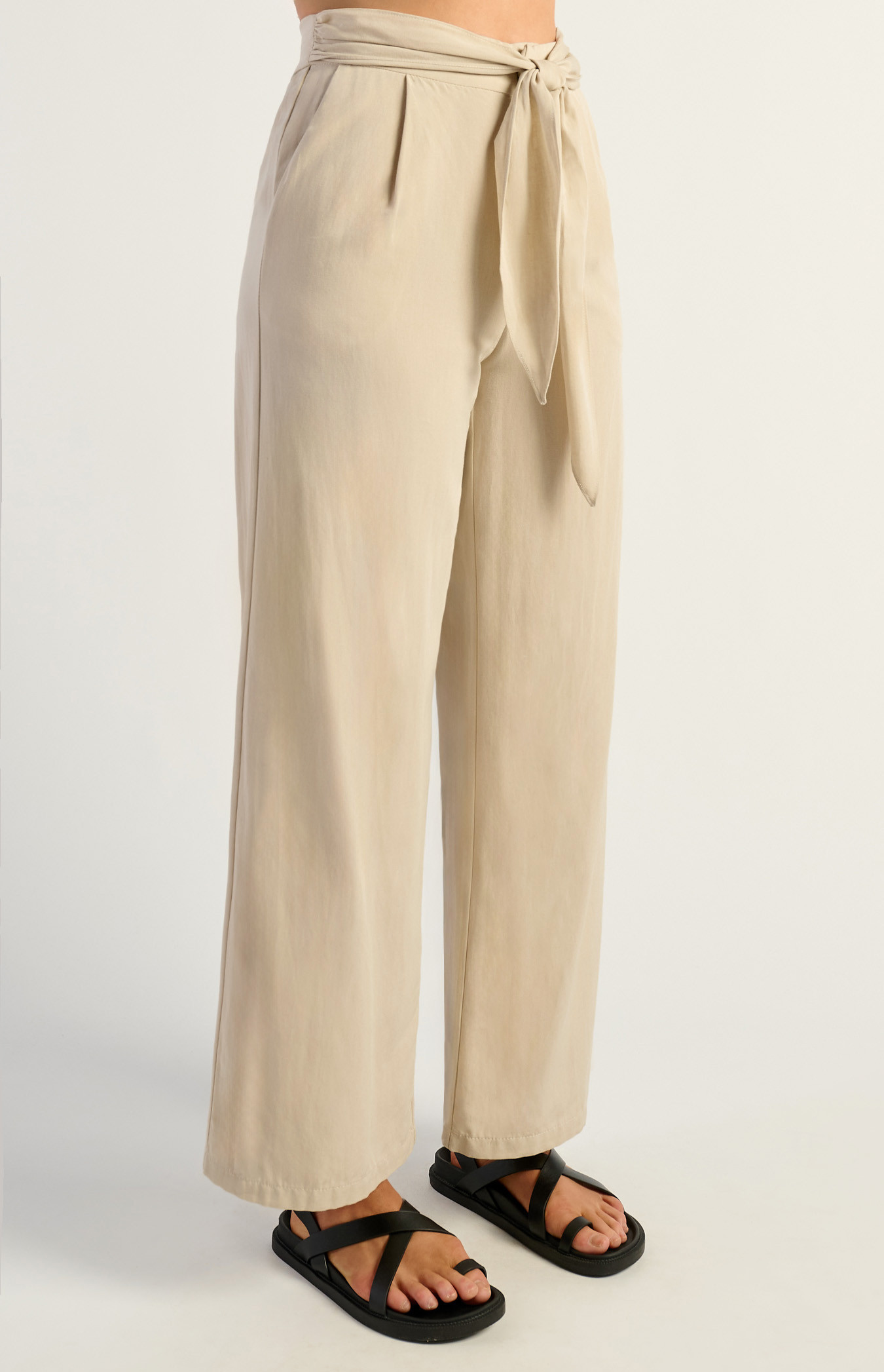 Tie Front Textured Pants Beige