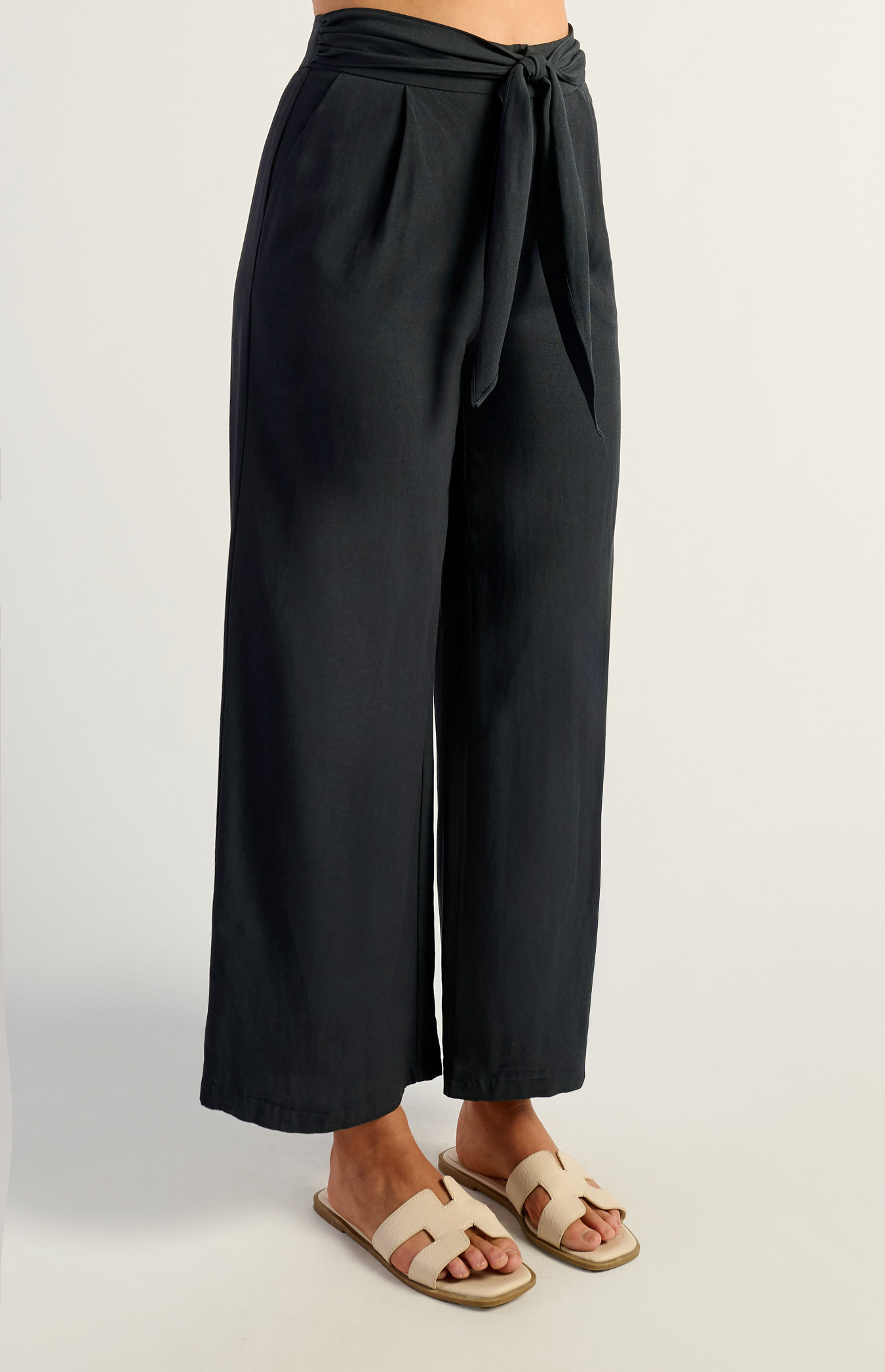 Tie Front Textured Pants Navy