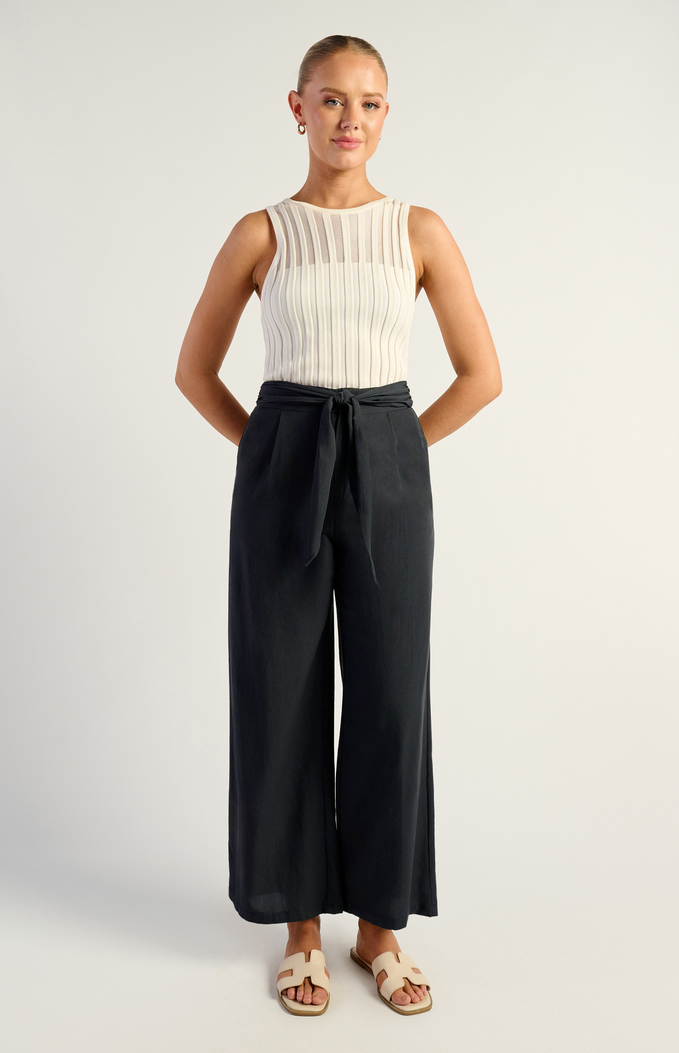 Tie Front Textured Pants Navy