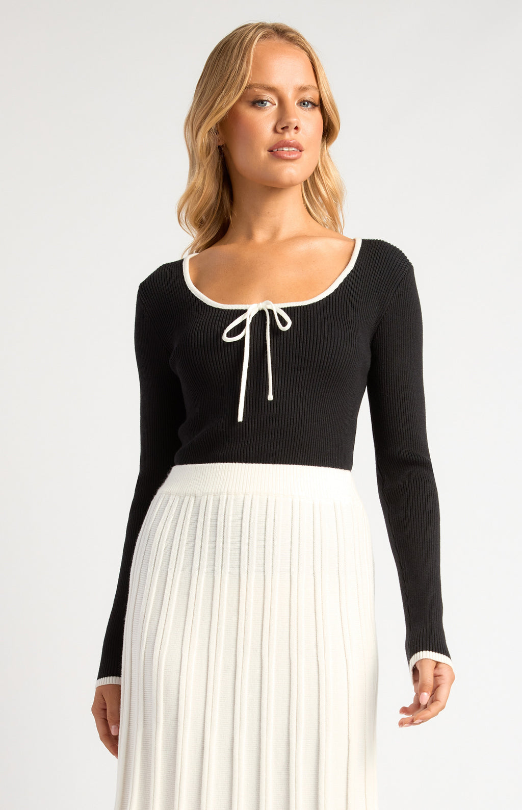 Contrast Tie Knit Top Black