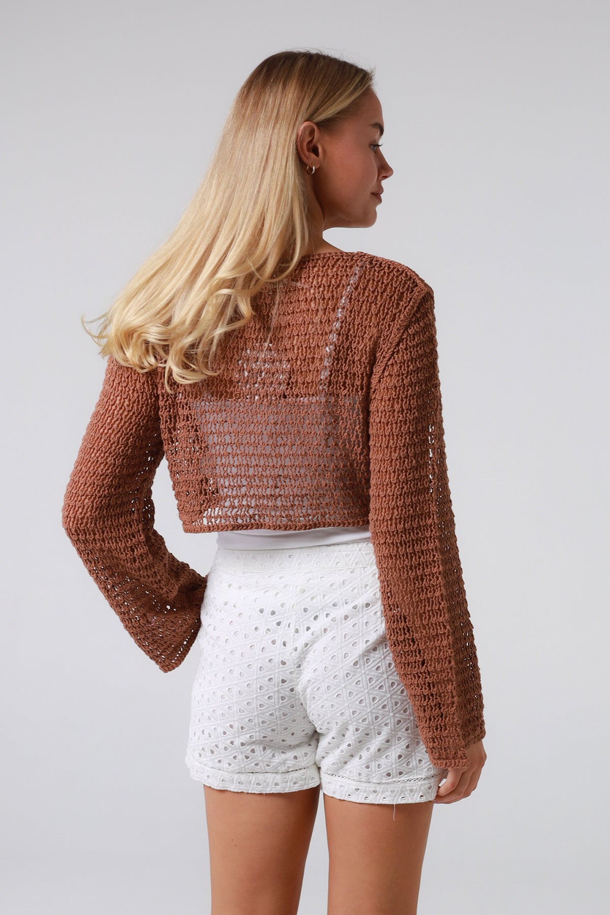 Long Sleeve Crochet Top Brown