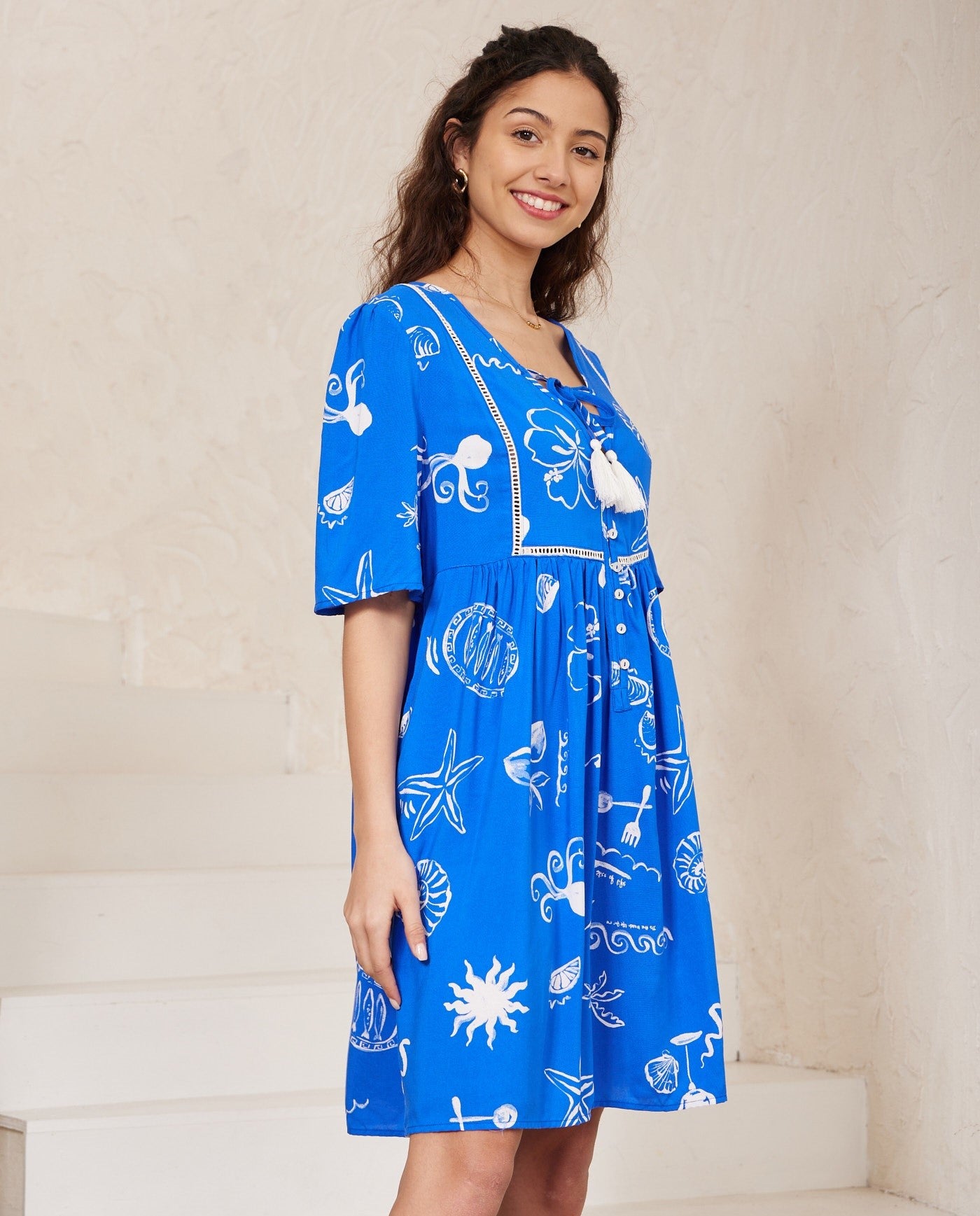 Holiday Print Blue Dress