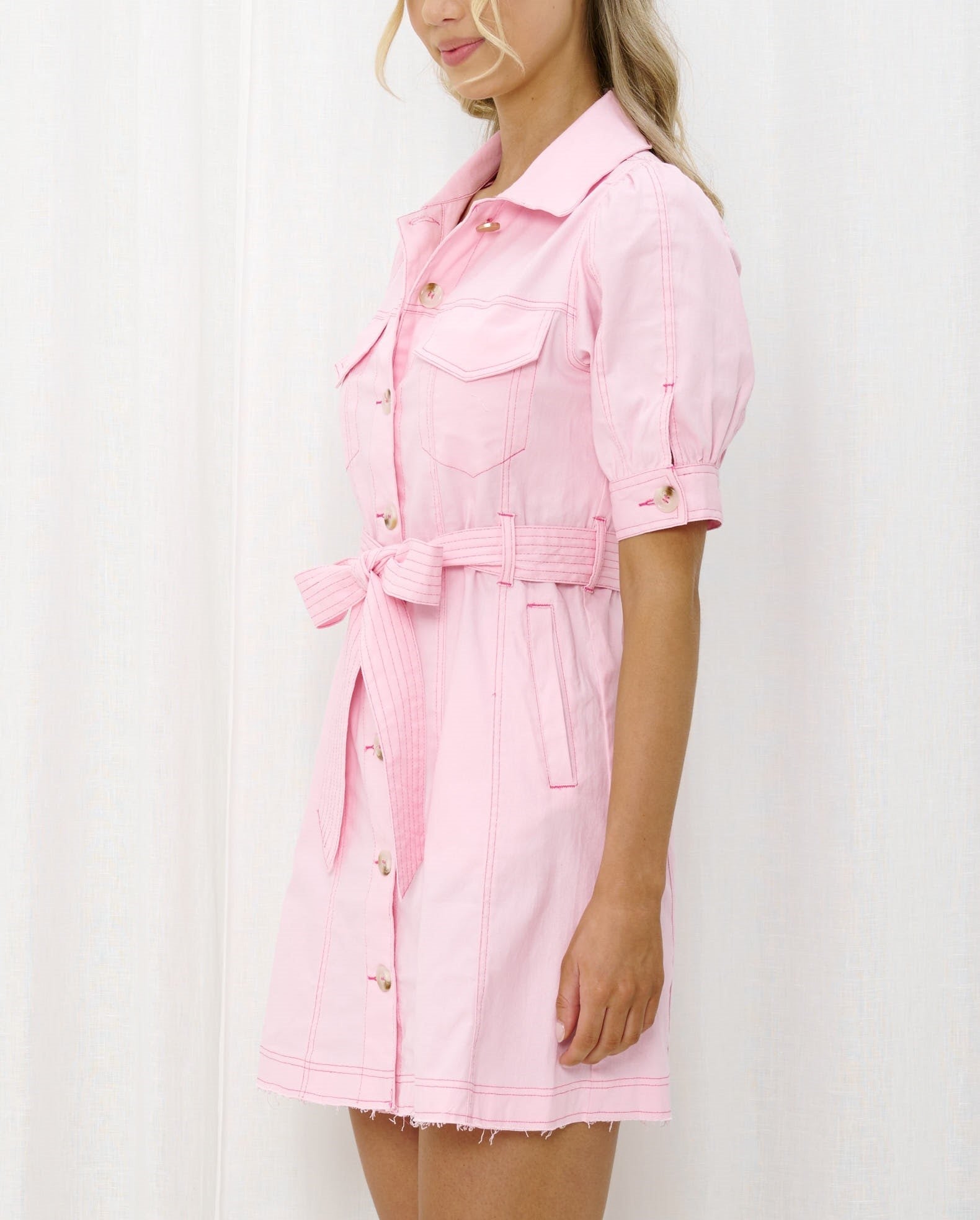 white christmas dresses Pink Denim Belted Mini Dress– Sincerely Trish Boutique main image 1