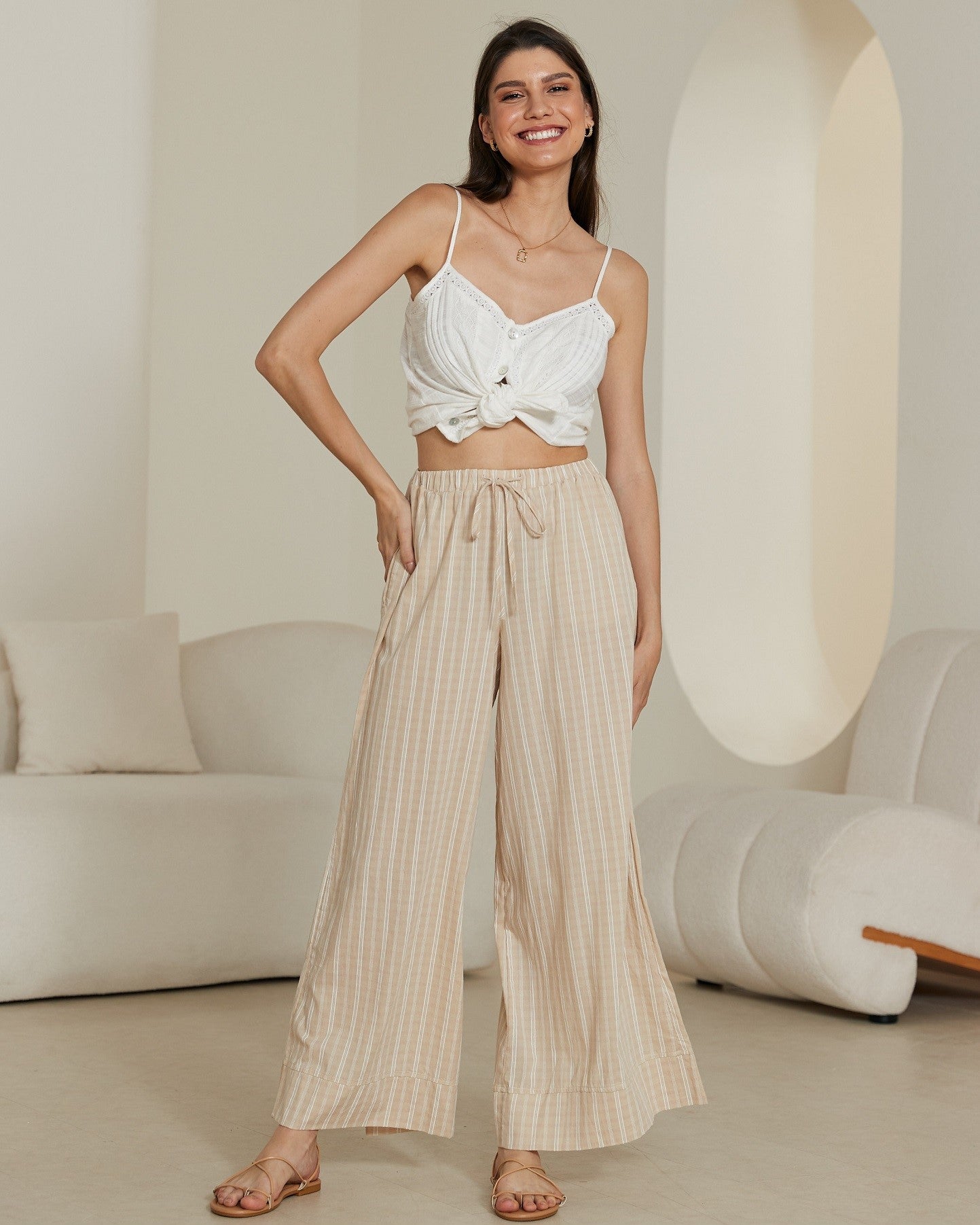 Neutral Beige Striped Wide Leg Pants