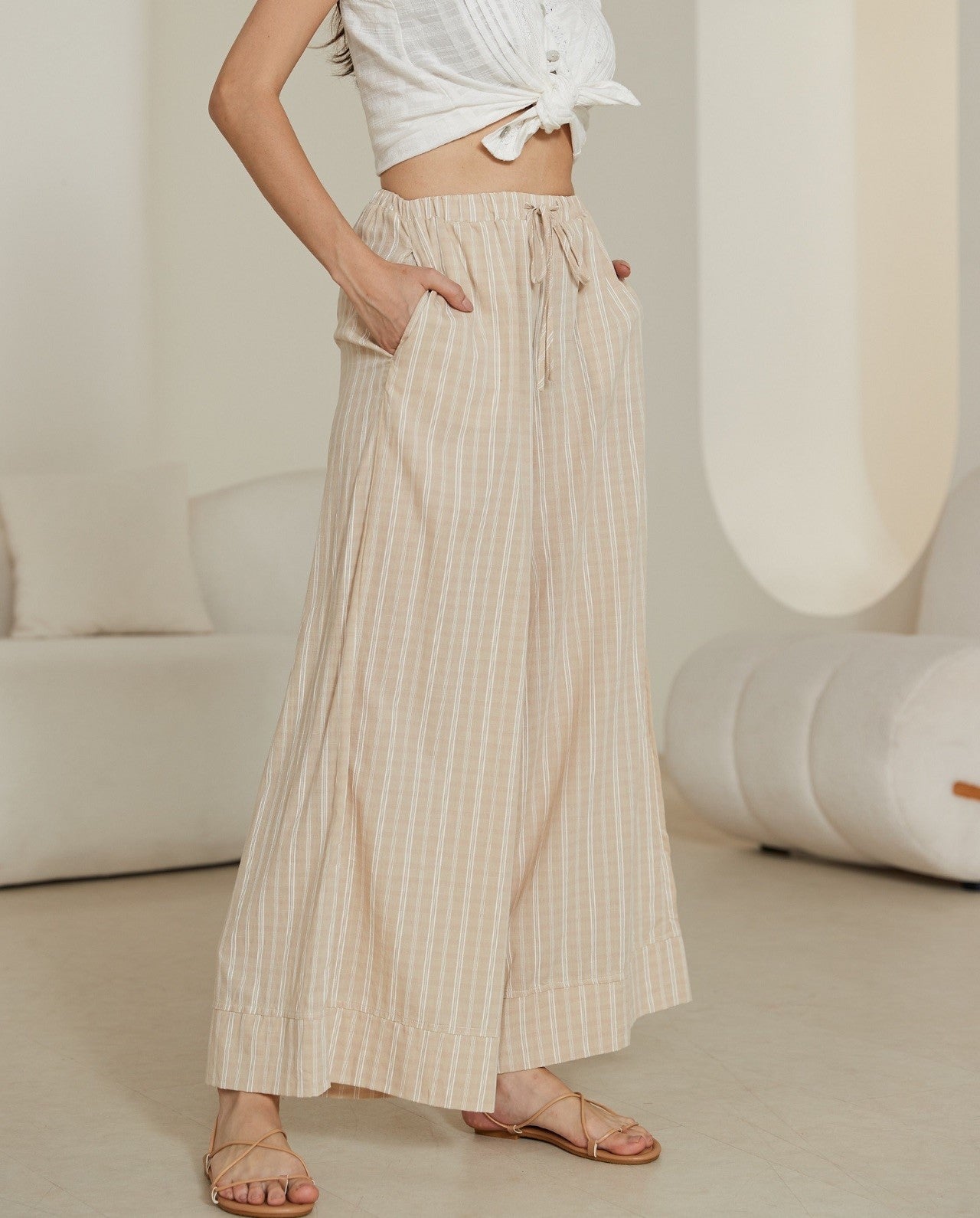 Neutral Beige Striped Wide Leg Pants