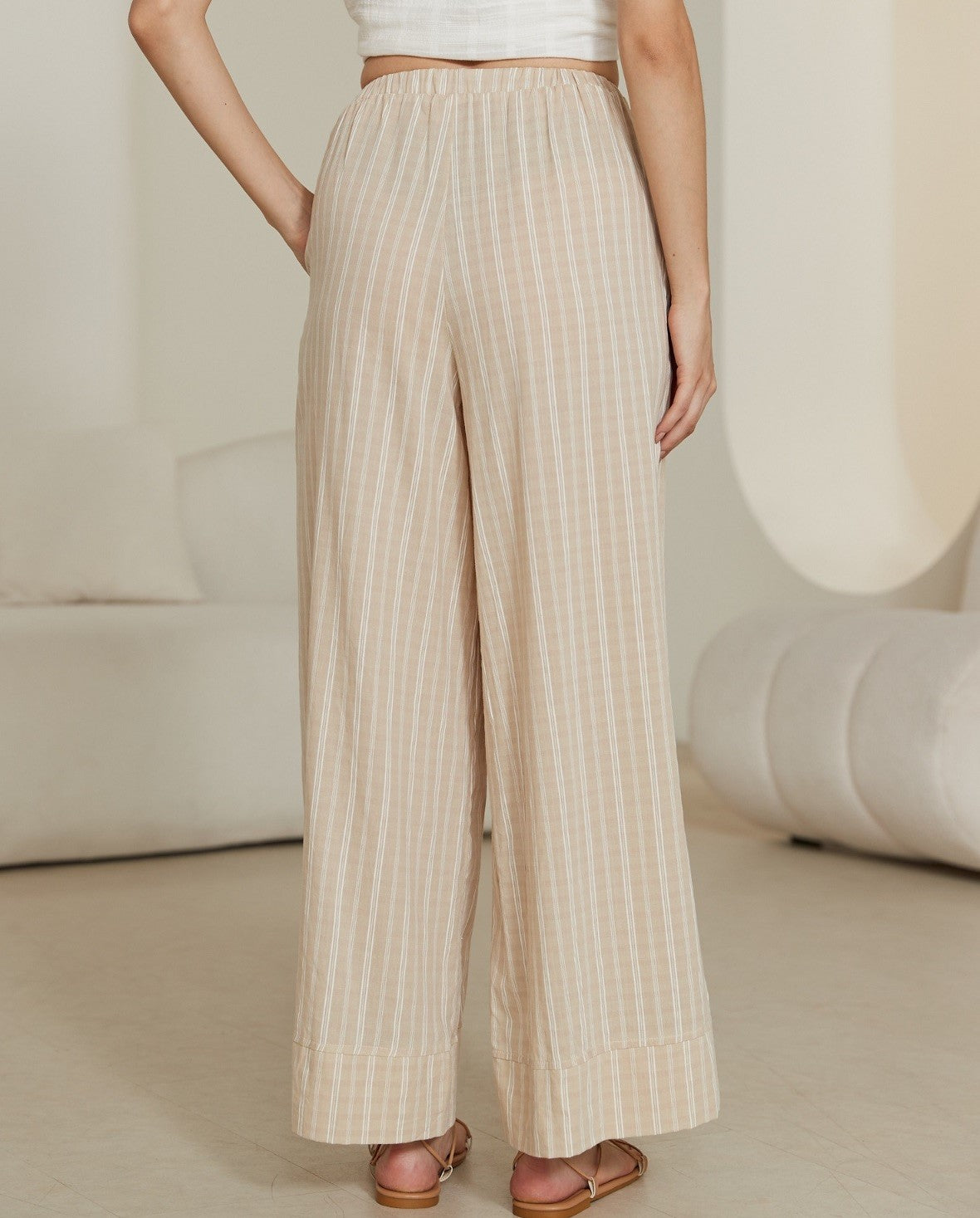 Neutral Beige Striped Wide Leg Pants