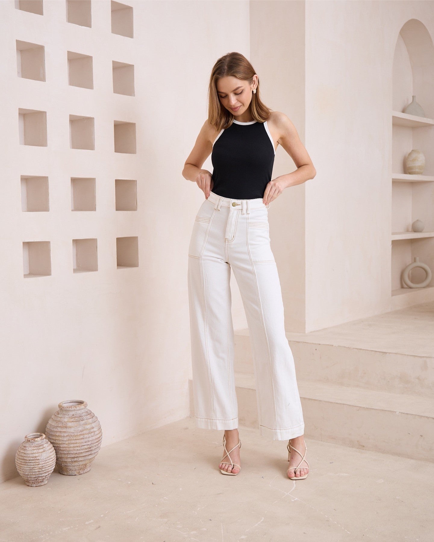 White Denim Contrast Stitch Pants