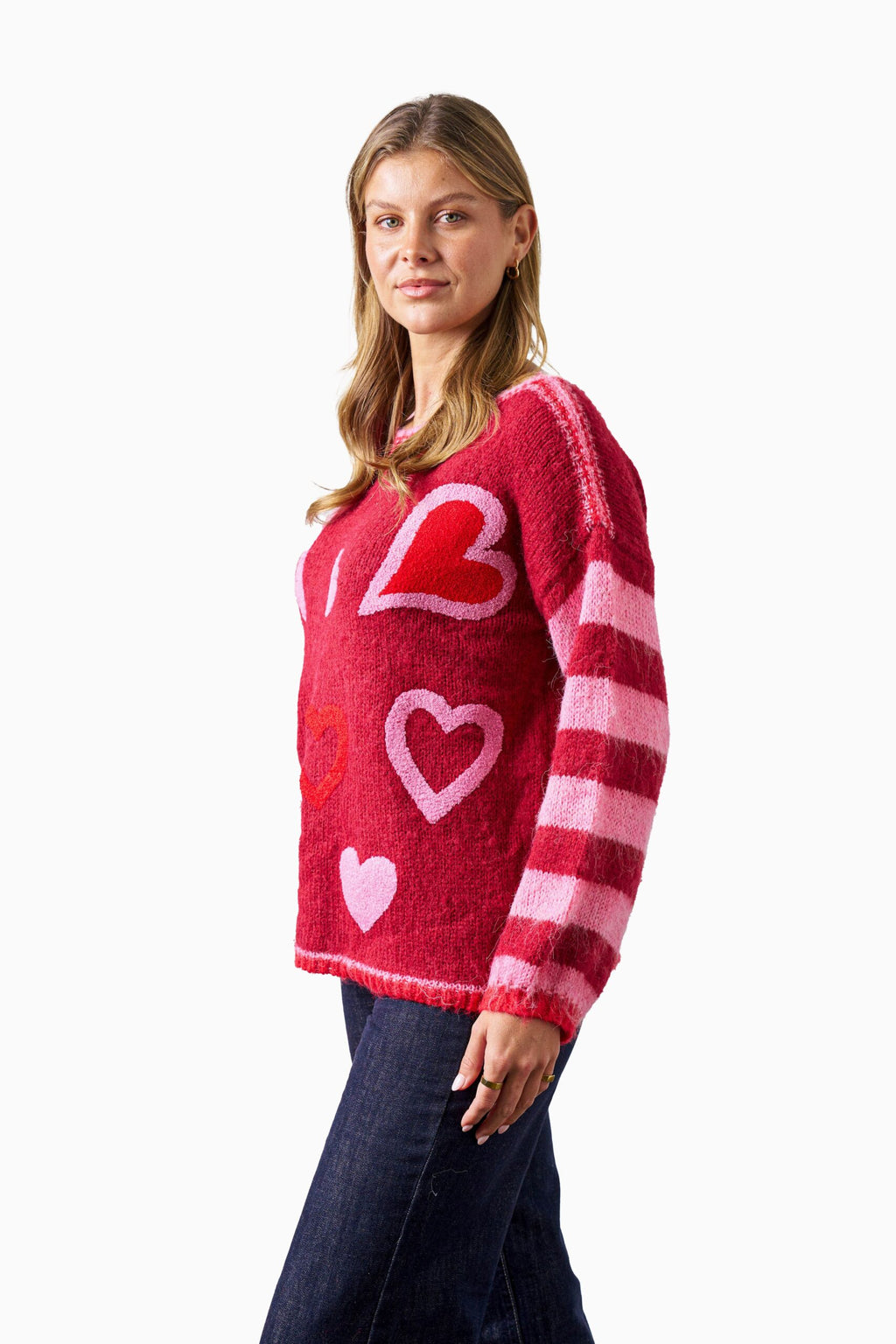 Love Heart Embroidered Boat Neck Knit Top - Red/Pink