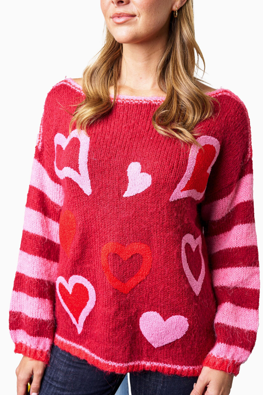 Love Heart Embroidered Boat Neck Knit Top - Red/Pink
