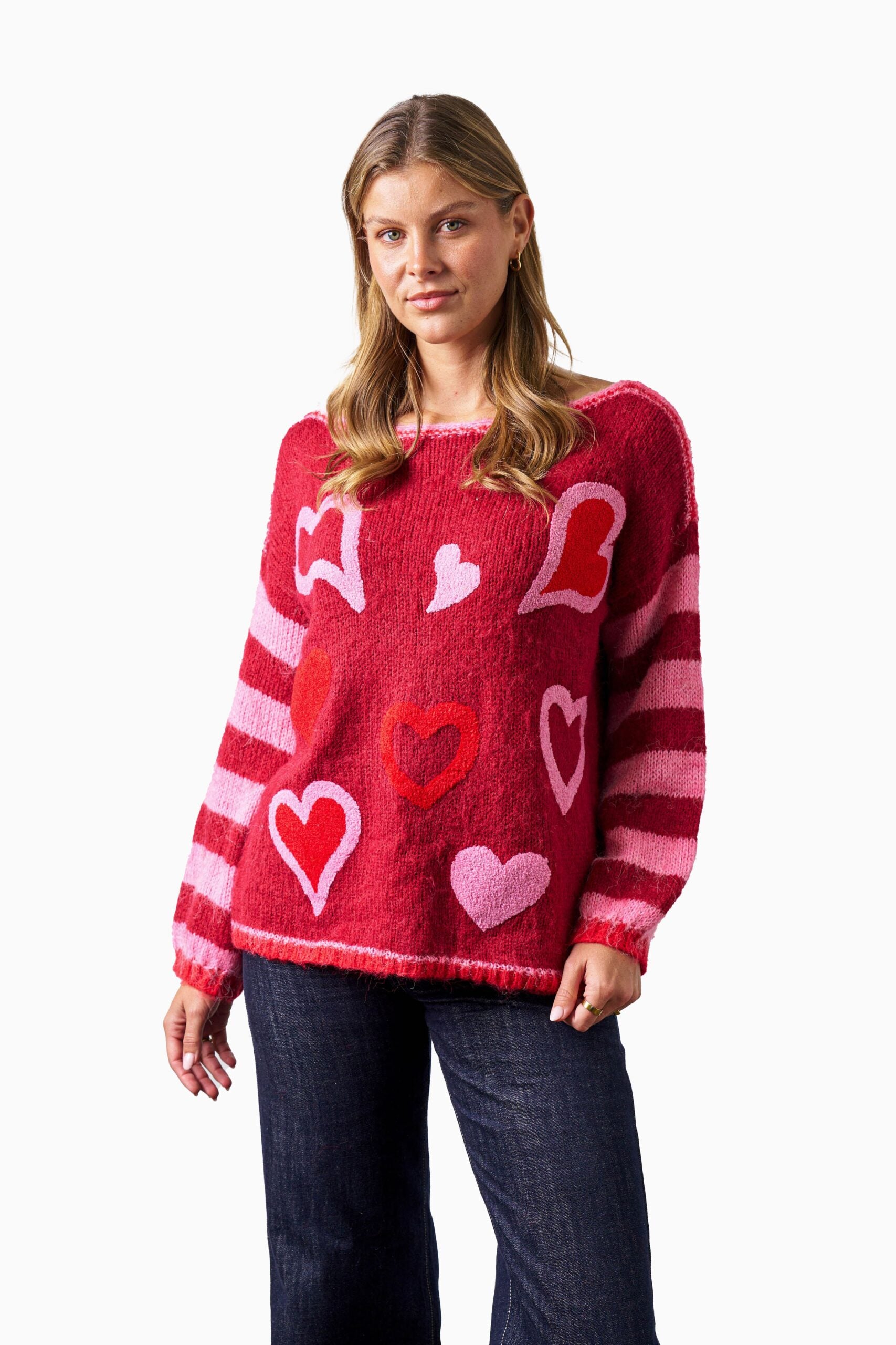 Love Heart Embroidered Boat Neck Knit Top - Red/Pink