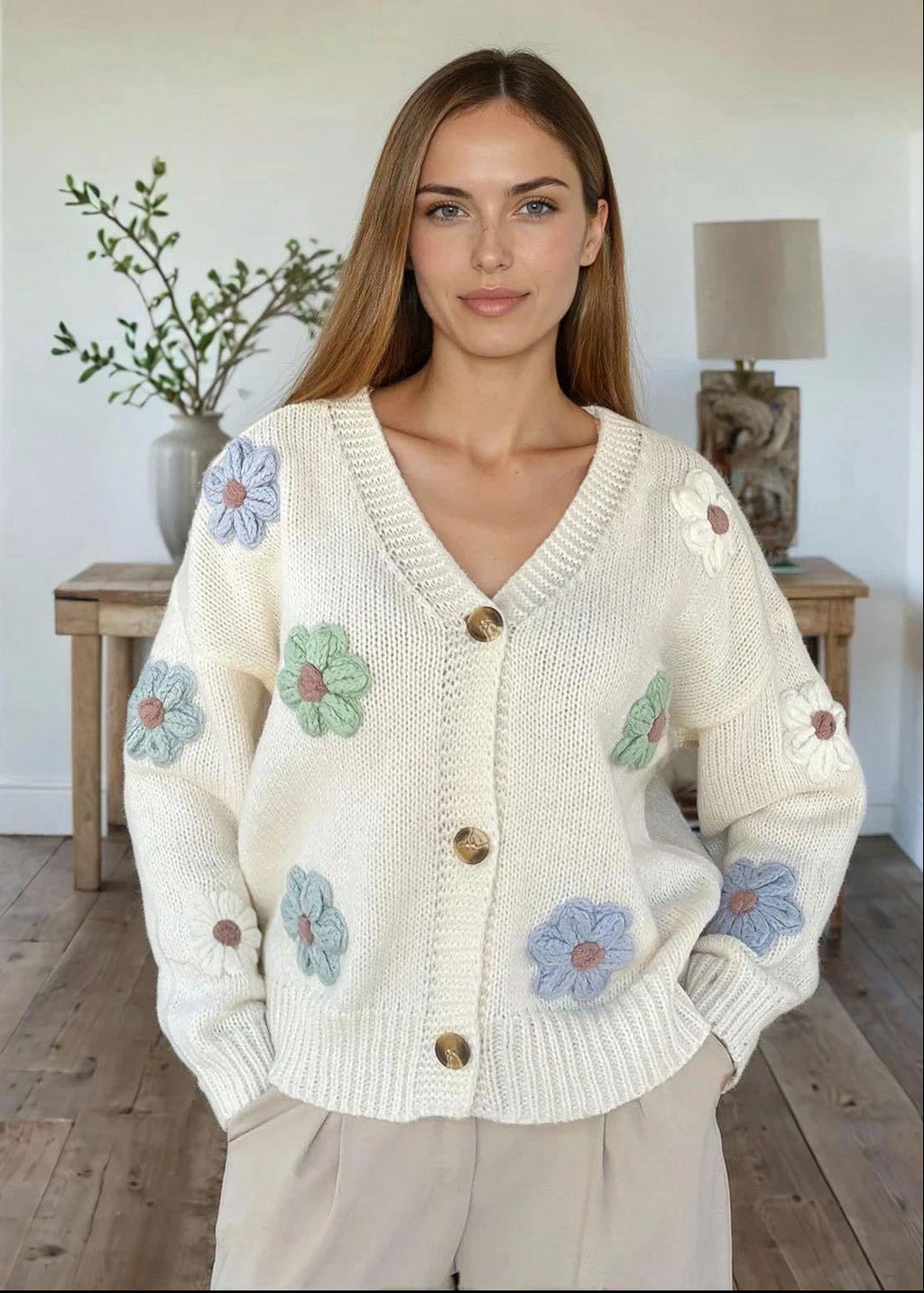 Cosy 3D Flower White Cardigan