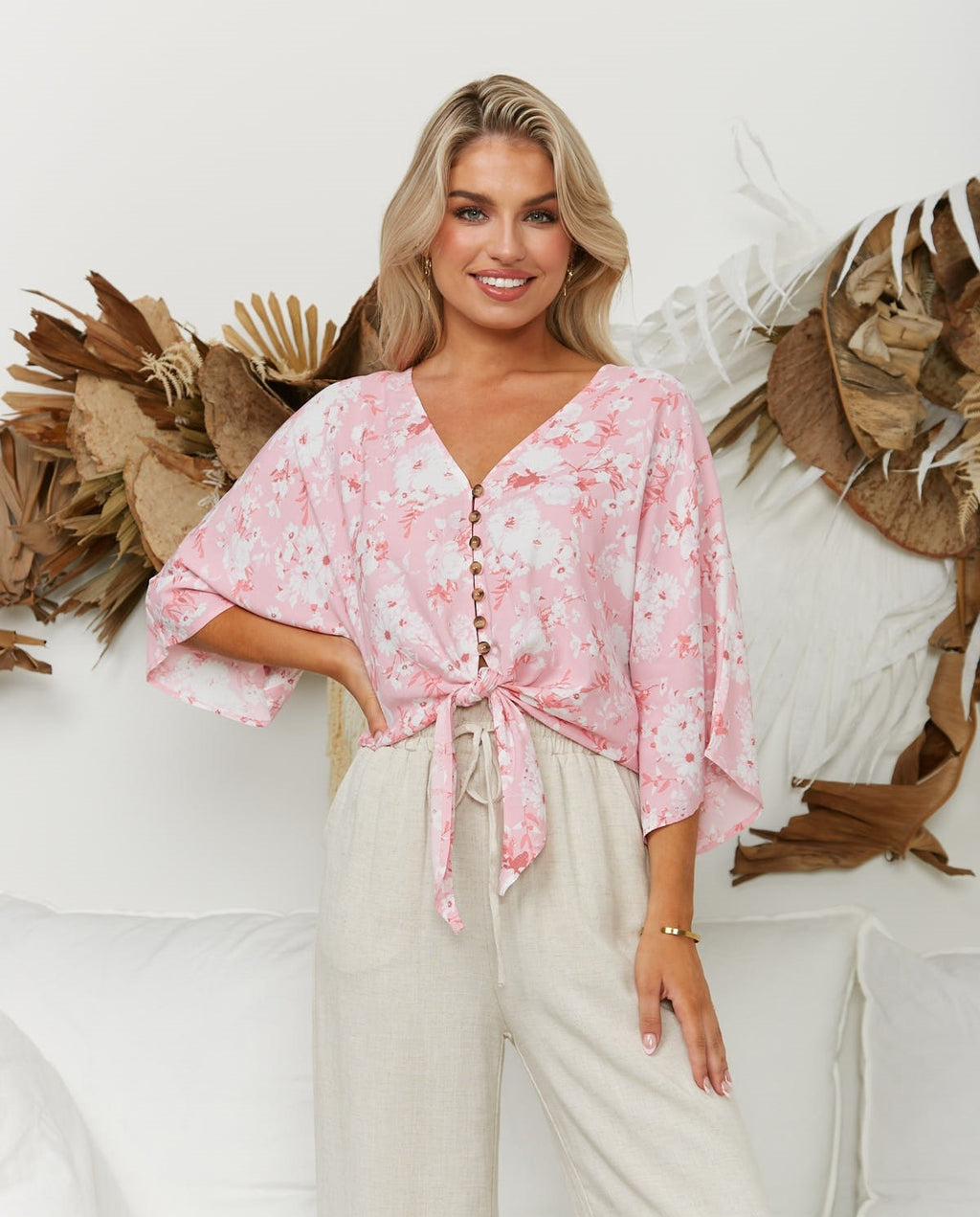 Tie Up Floral Print Pink Top