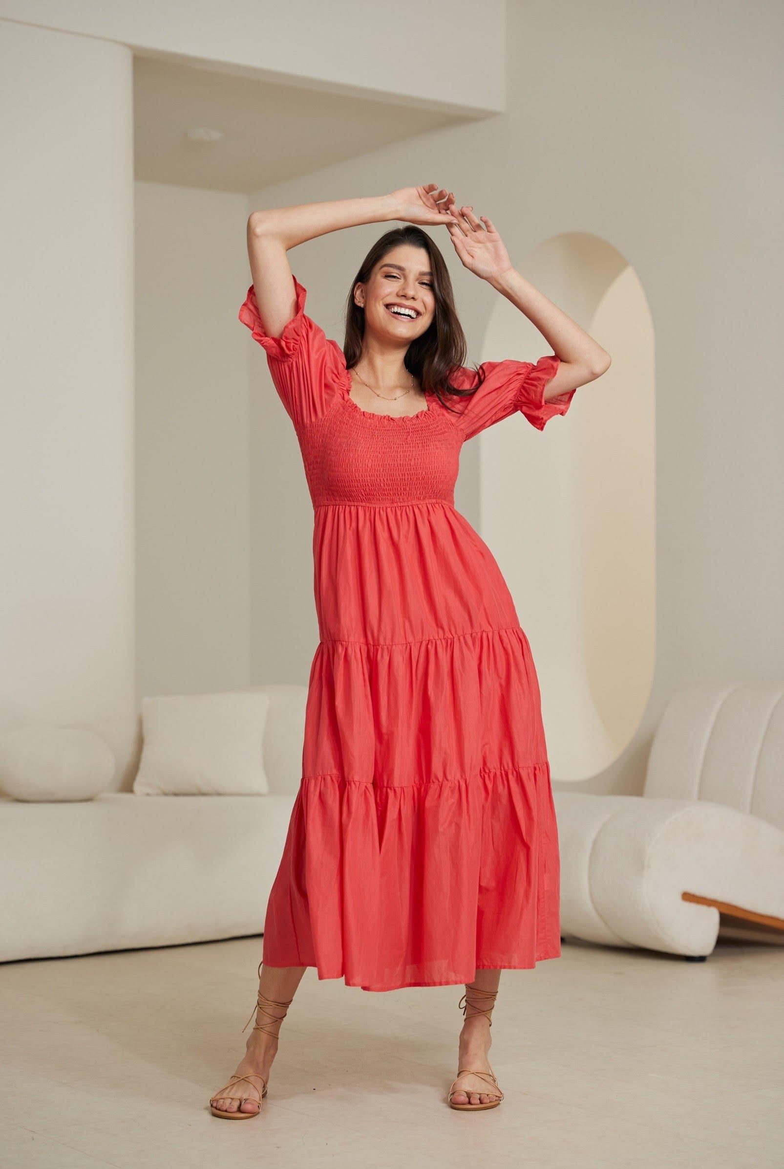 Puff Sleeve Coral Maxi Dress