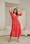 Puff Sleeve Coral Maxi Dress