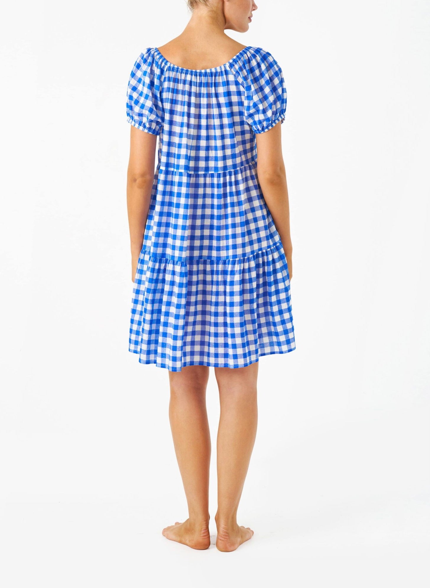Gingham Check Relaxed Fit Tiered Mini Dress - Blue/White